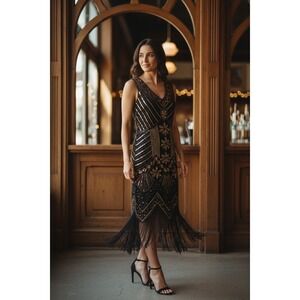 Vintage Black Gold Sequin Fringe Flapper Dress Gatsby Style M